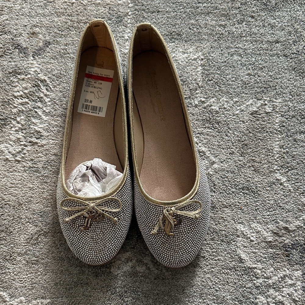 Juicy Couture Gold Sparkle Ballet Flats with Bow Charm